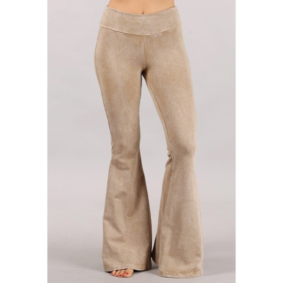 Beige Mineral Wash French Terry Flared Bell Bottom Pull On Pants w/ Pockets - Picture 3 of 5